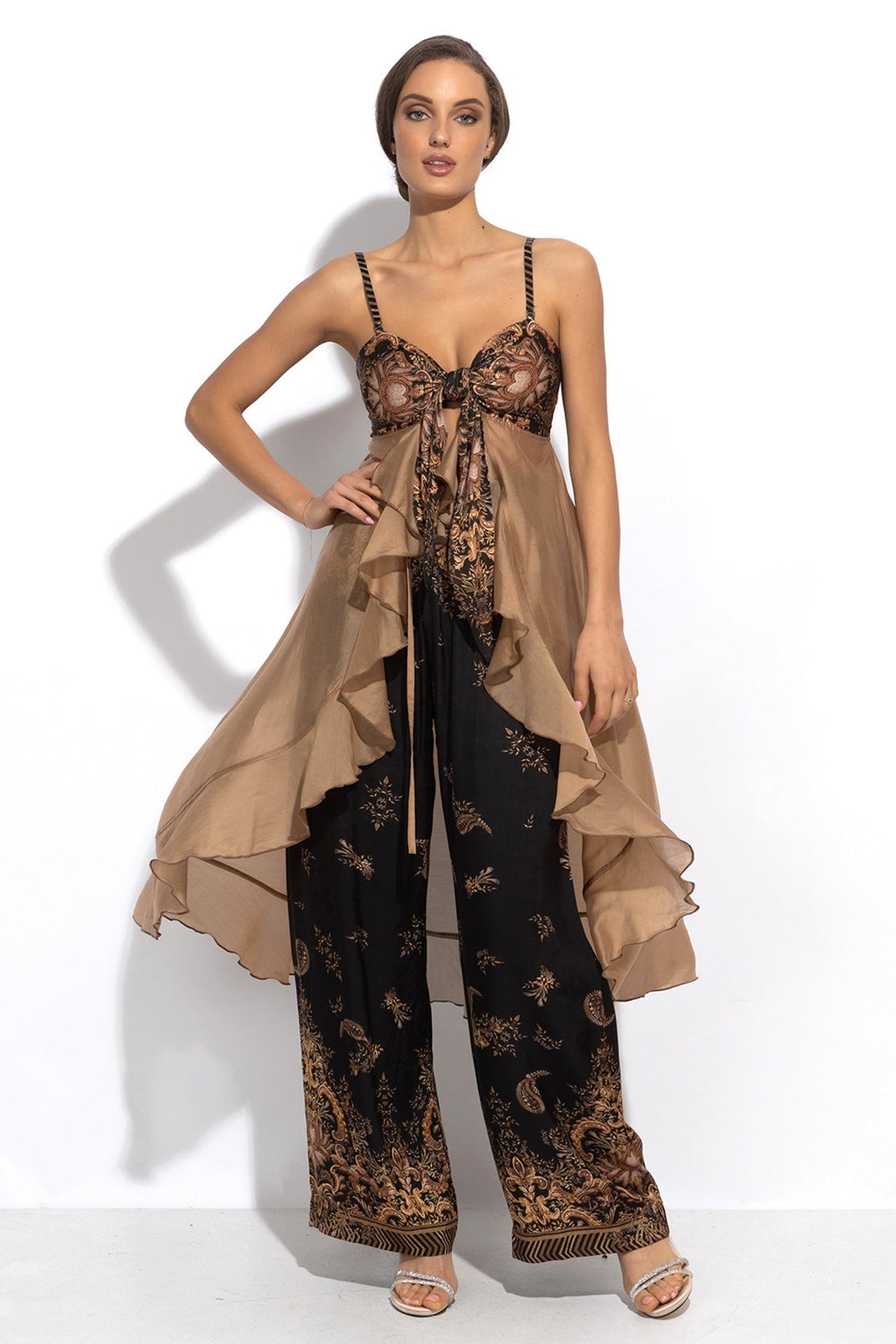 LYOCELl AND VISCOSE LONG RUFFLED TUNIC - GOLDEN STRIPES - Fashion Roots