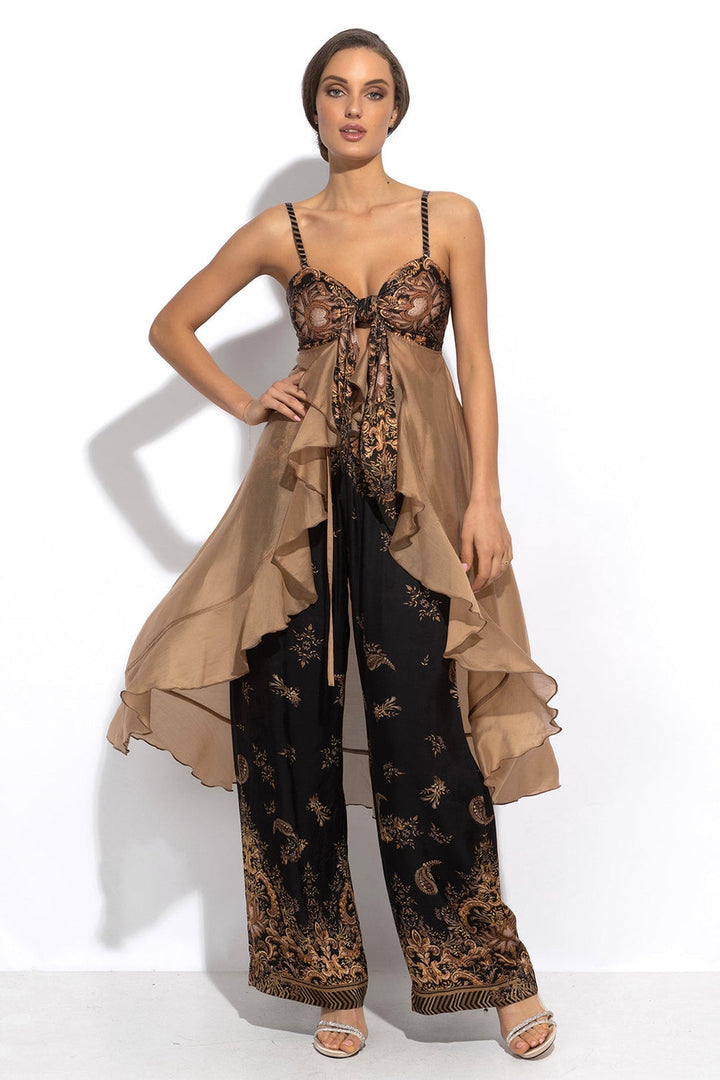 LYOCELl AND VISCOSE LONG RUFFLED TUNIC - GOLDEN STRIPES - Fashion Roots