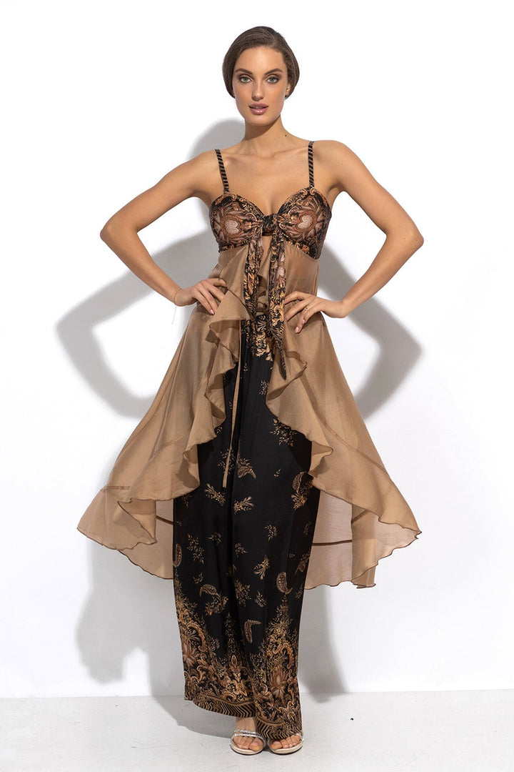 LYOCELl AND VISCOSE LONG RUFFLED TUNIC - GOLDEN STRIPES - Fashion Roots