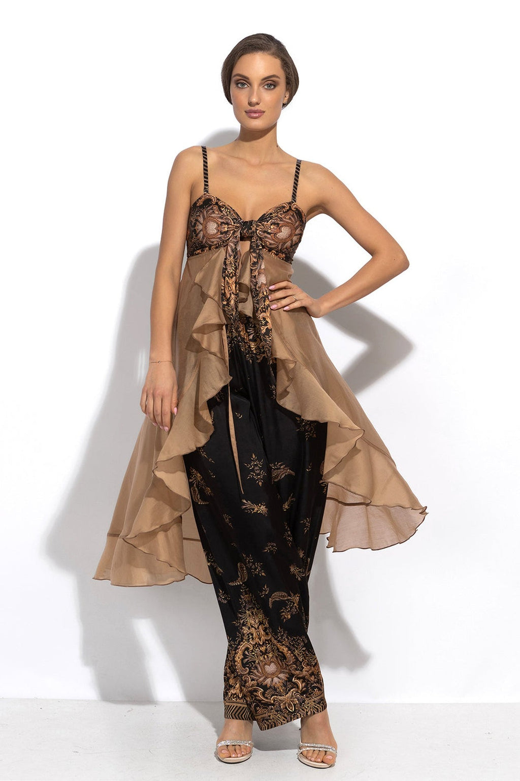 VISCOSE SATIN WIDE-LEG TROUSERS WITH ELASTIC WAIST - GOLDEN STRIPES JIORO СВОБОДЕН ПАНТАЛОН ОТ ЛЪСКАВА ВИСКОЗА - GOLDEN STRIPES JIORO