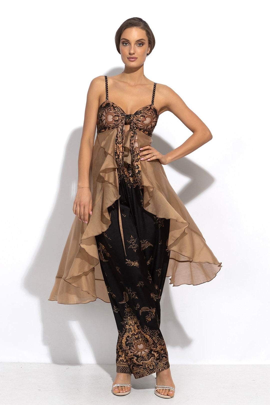 LYOCELl AND VISCOSE LONG RUFFLED TUNIC - GOLDEN STRIPES - Fashion Roots