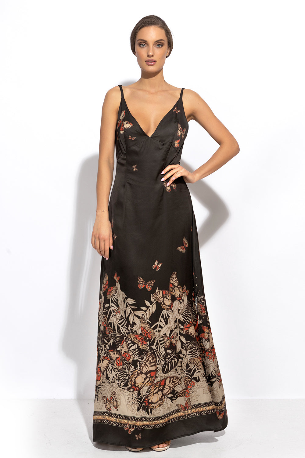 VISCOSE SLIP DRESS WITH OPEN BACK AND THIN STRAPS - MIDNIGHT BUTTERFLIES