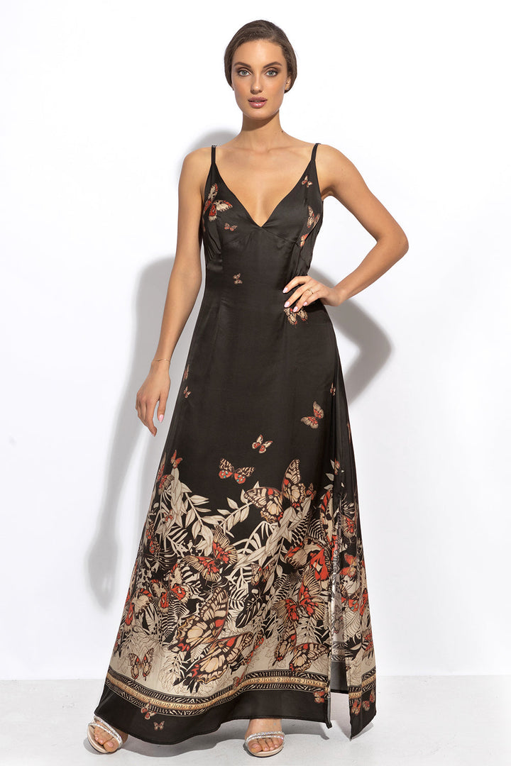 VISCOSE SLIP DRESS WITH OPEN BACK AND THIN STRAPS - MIDNIGHT BUTTERFLIES JIORO РОКЛЯ ОТ ВИСКОЗА С ОТВОРЕН ГРЪБ И ТЪНКИ ПРЕЗРАМКИ - MIDNIGHT BUTTERFLIES JIORO 