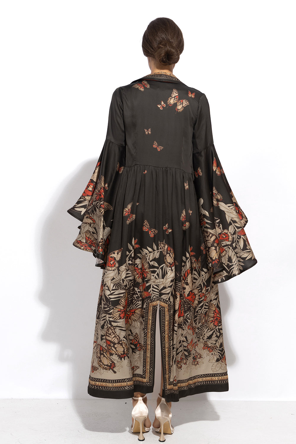 VISCOSE KIMONO WITH DRAPED BACK AND SHAWL COLLAR - MIDNIGHT BUTTERFLIES