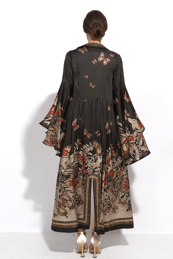 VISCOSE KIMONO WITH DRAPED BACK AND SHAWL COLLAR - MIDNIGHT BUTTERFLIES