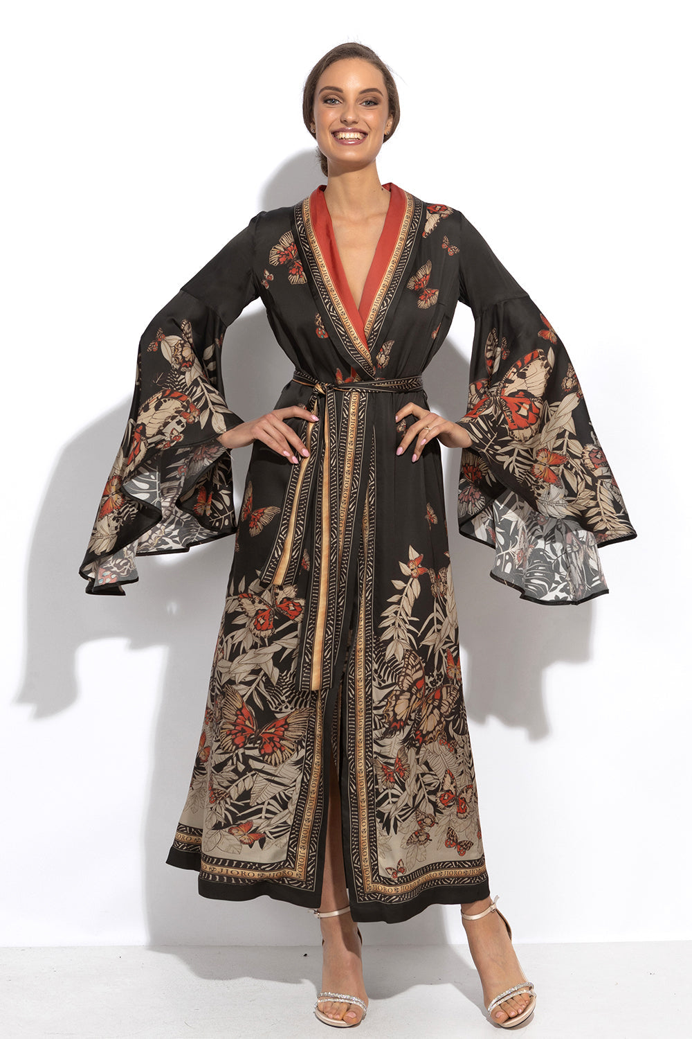 VISCOSE KIMONO WITH DRAPED BACK AND SHAWL COLLAR - MIDNIGHT BUTTERFLIES
