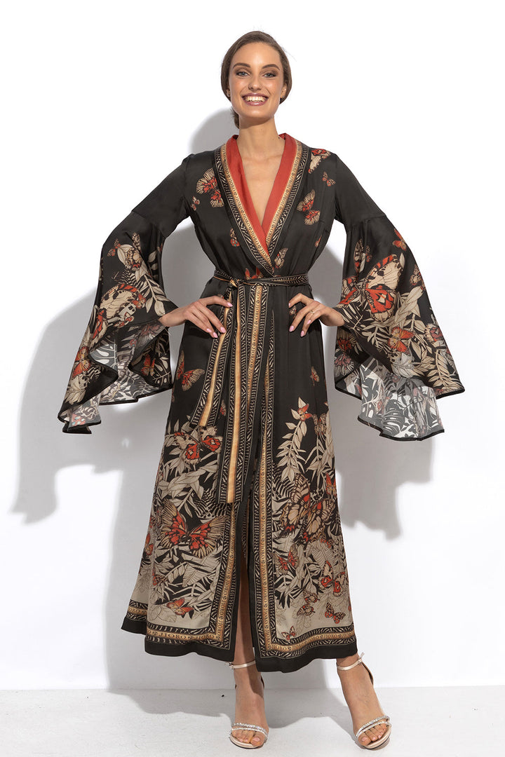 VISCOSE KIMONO WITH DRAPED BACK AND SHAWL COLLAR - MIDNIGHT BUTTERFLIES