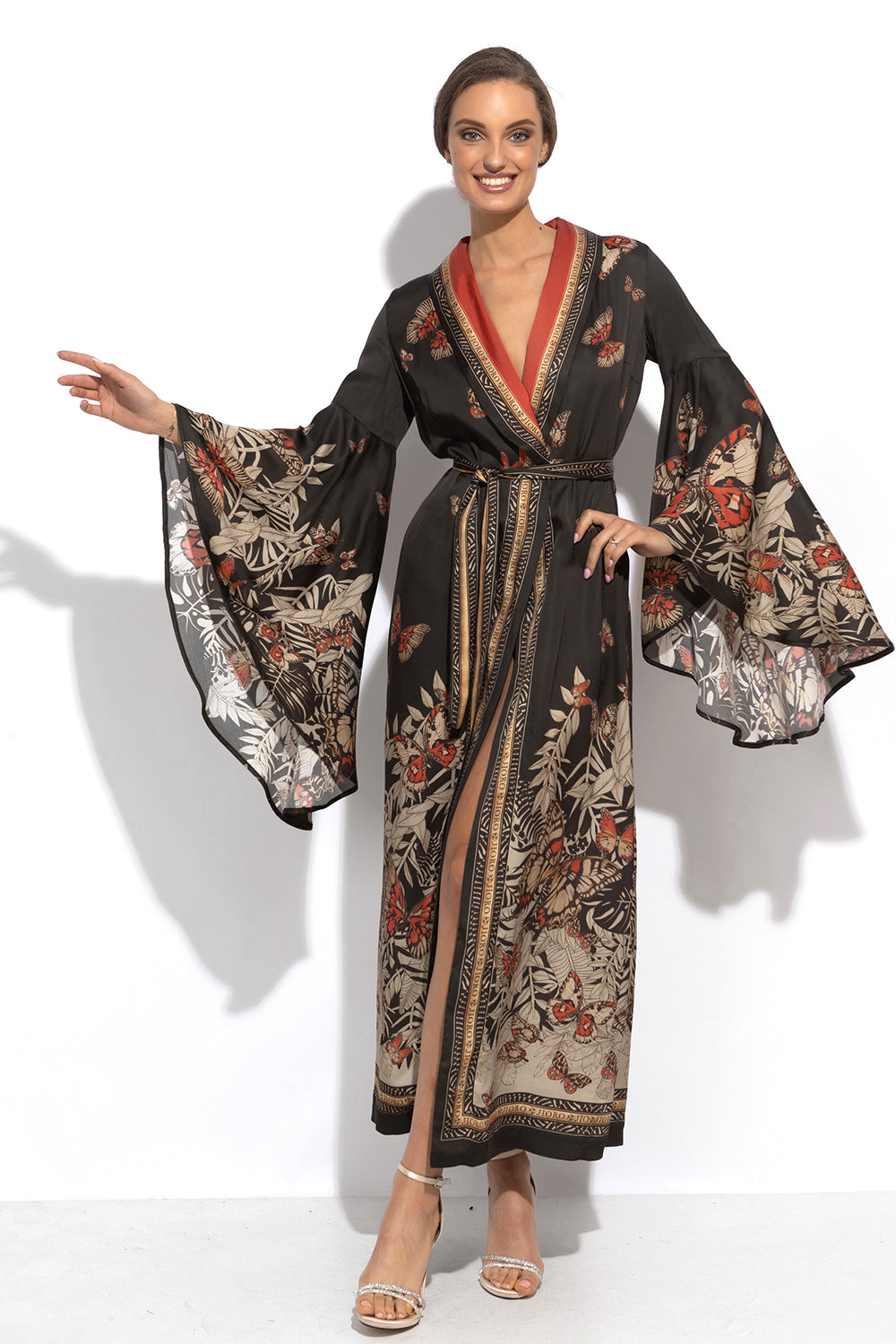 VISCOSE KIMONO WITH DRAPED BACK AND SHAWL COLLAR - MIDNIGHT BUTTERFLIES