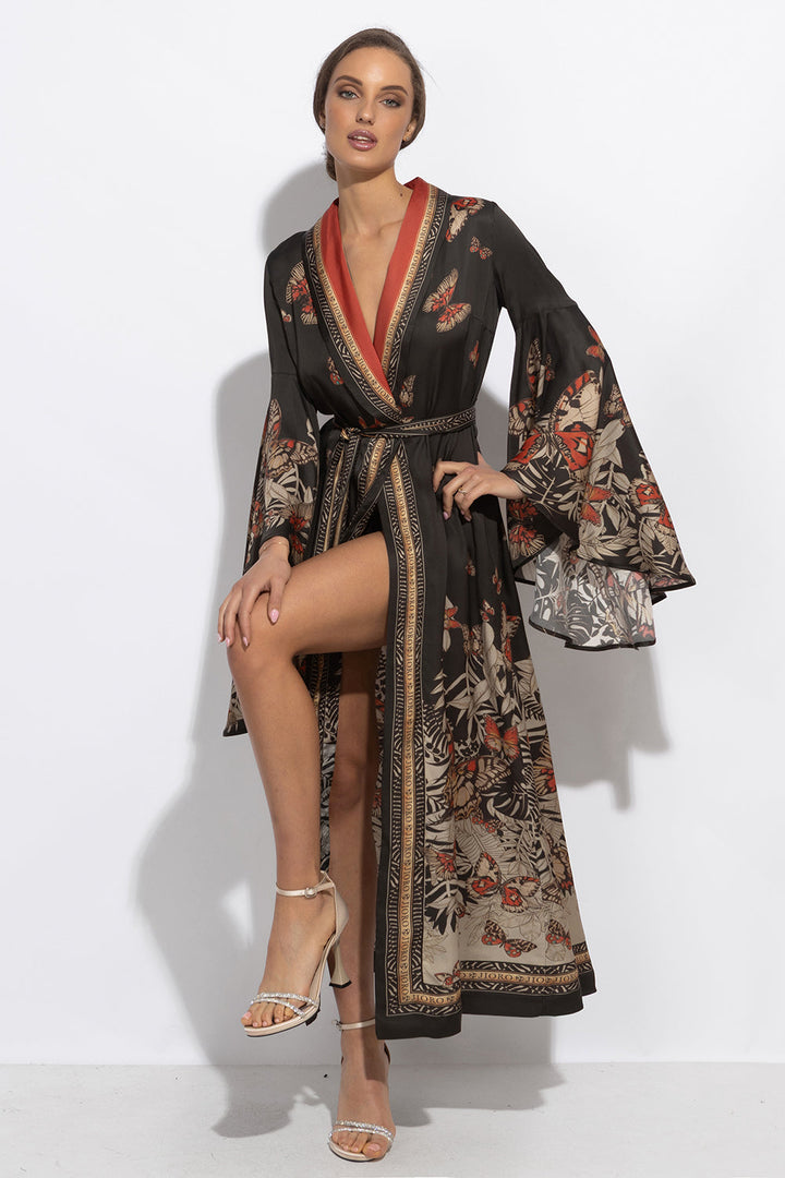 VISCOSE KIMONO WITH DRAPED BACK AND SHAWL COLLAR - MIDNIGHT BUTTERFLIES
