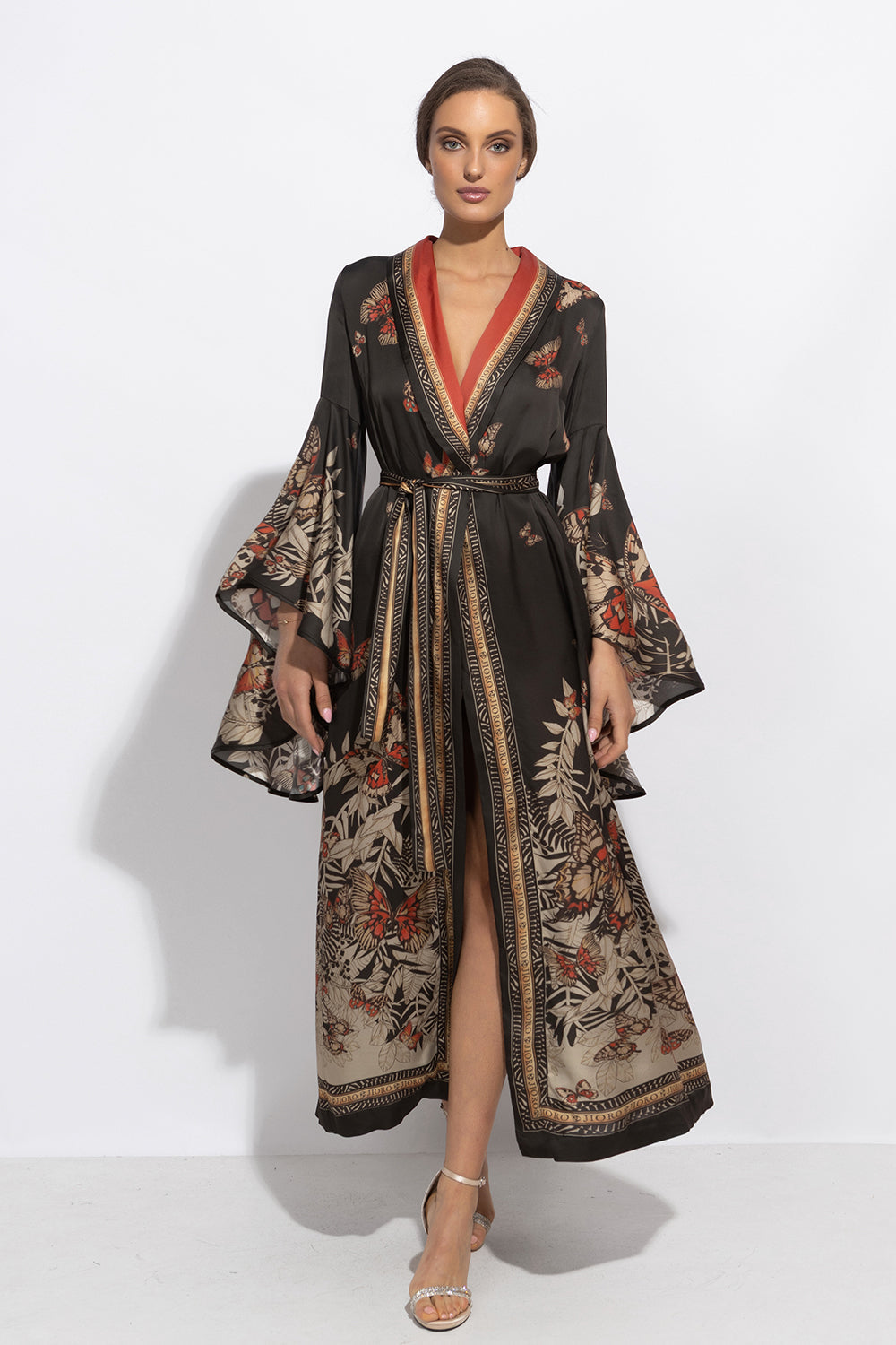 VISCOSE KIMONO WITH DRAPED BACK AND SHAWL COLLAR - MIDNIGHT BUTTERFLIES