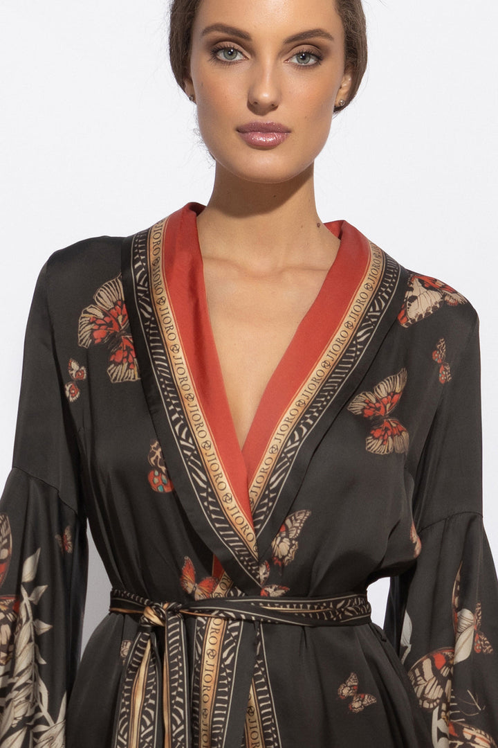 VISCOSE KIMONO WITH DRAPED BACK AND SHAWL COLLAR - MIDNIGHT BUTTERFLIES