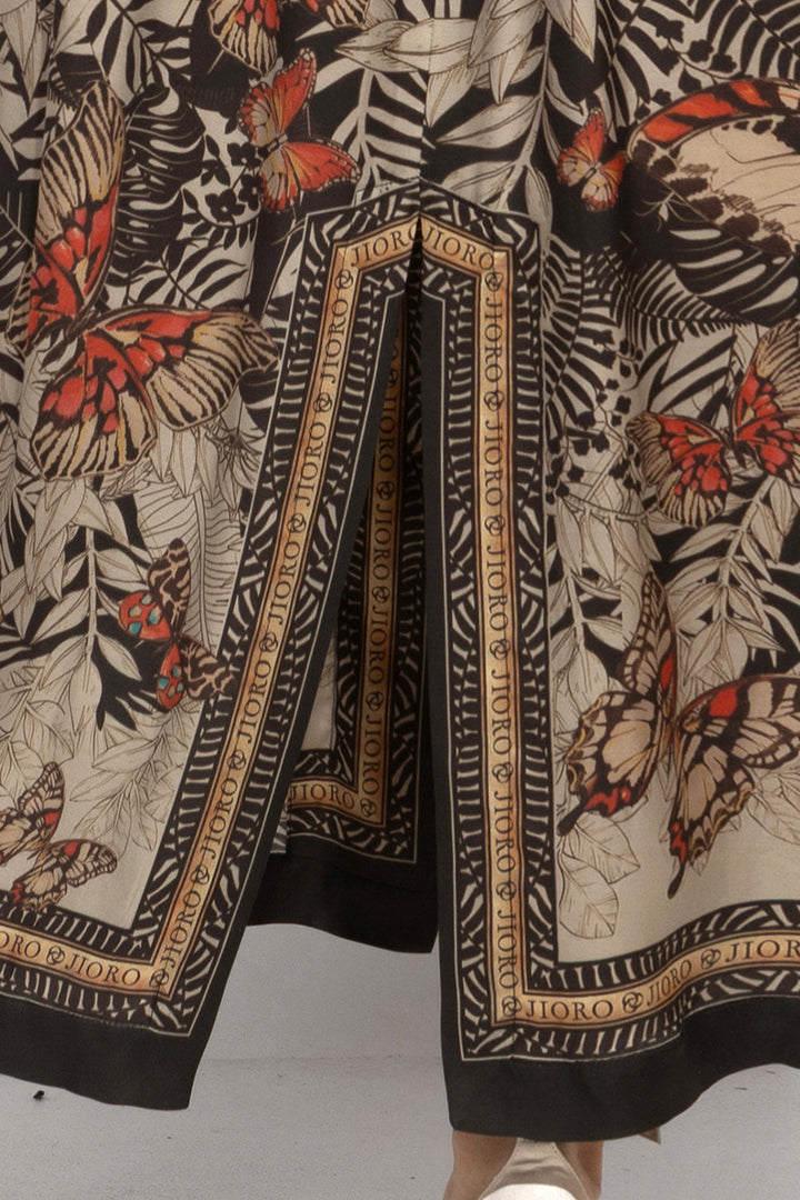 VISCOSE KIMONO WITH DRAPED BACK AND SHAWL COLLAR - MIDNIGHT BUTTERFLIES