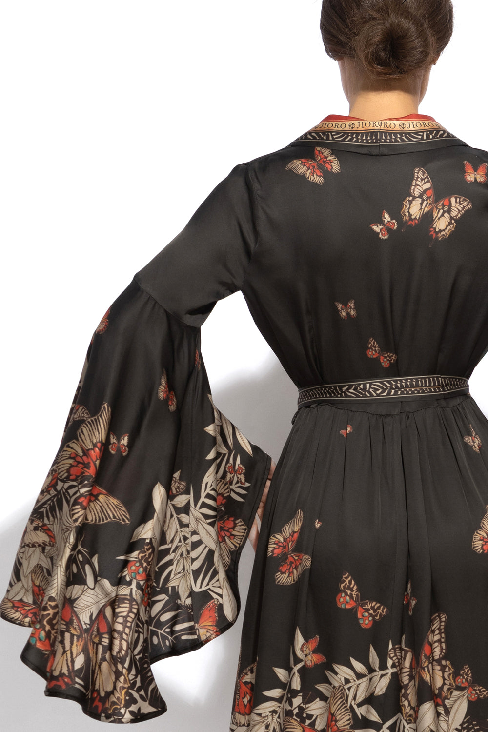 VISCOSE KIMONO WITH DRAPED BACK AND SHAWL COLLAR - MIDNIGHT BUTTERFLIES