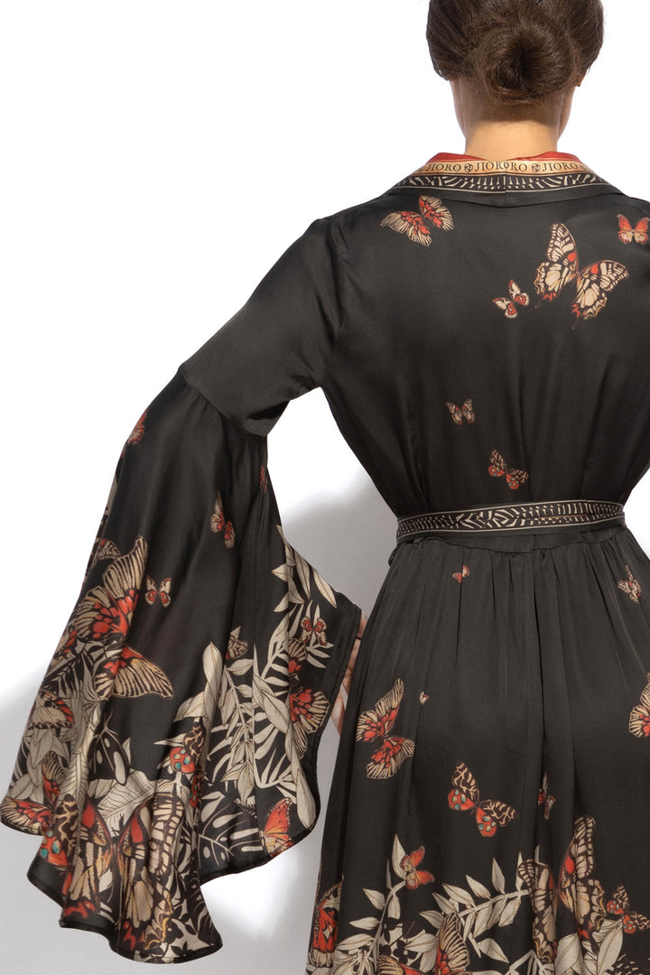 VISCOSE KIMONO WITH DRAPED BACK AND SHAWL COLLAR - MIDNIGHT BUTTERFLIES