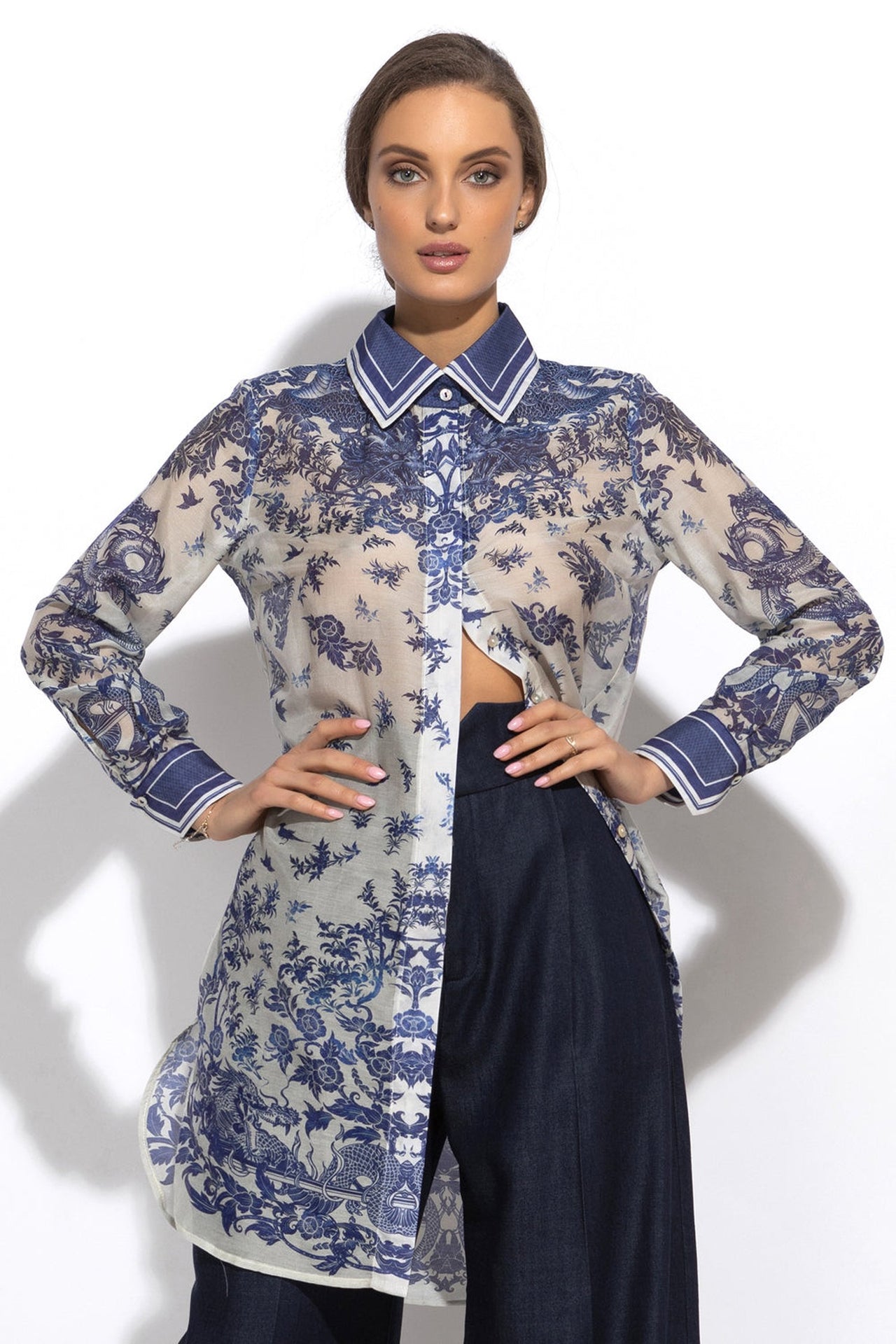 SILK VISCOSE LONG SHIRT - ASIA SKY - Fashion Roots