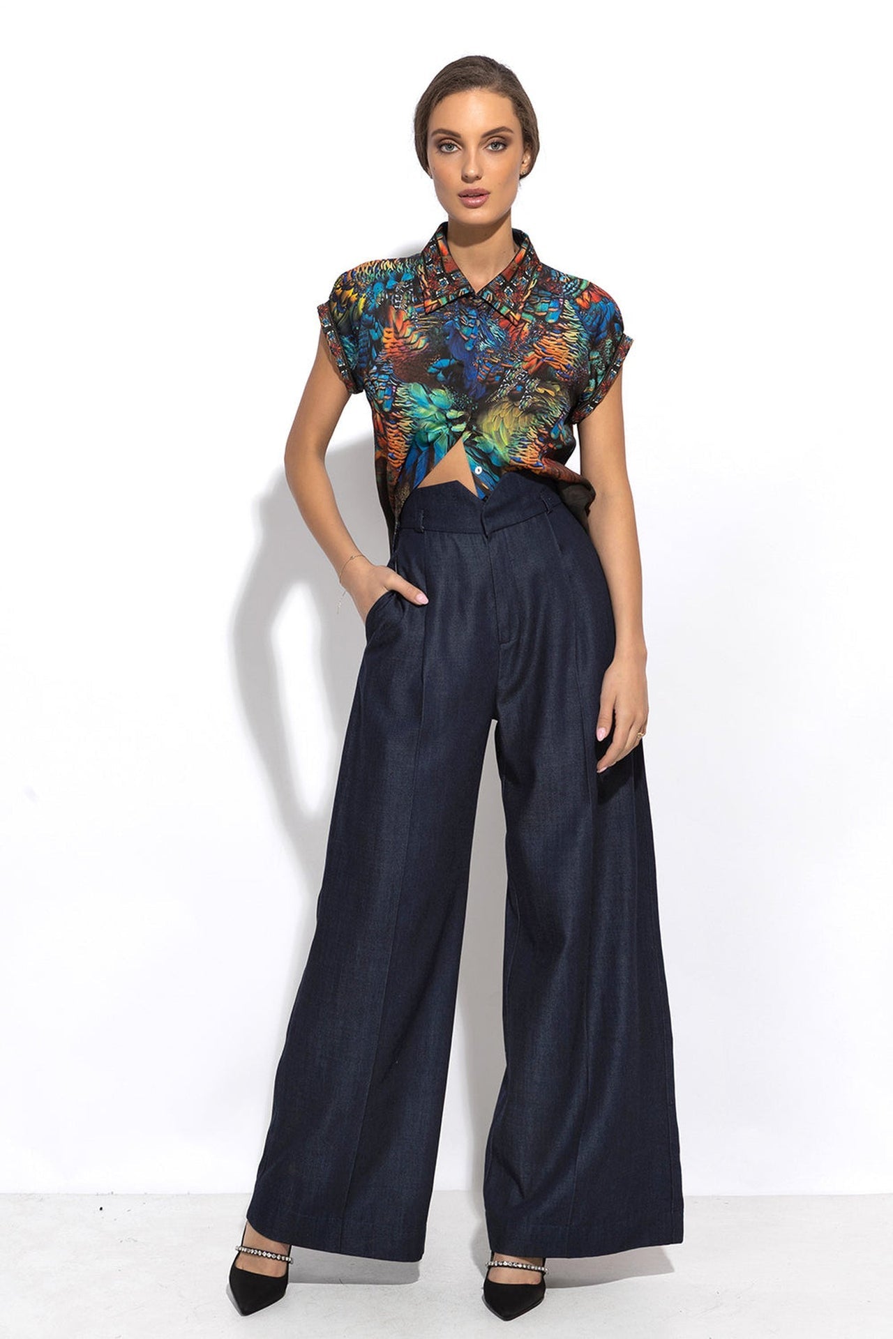 TENCEL DENIM PANTS WITH HIGH WAIST AND WIDE LEG - ESSENTIALS - Fashion Roots
