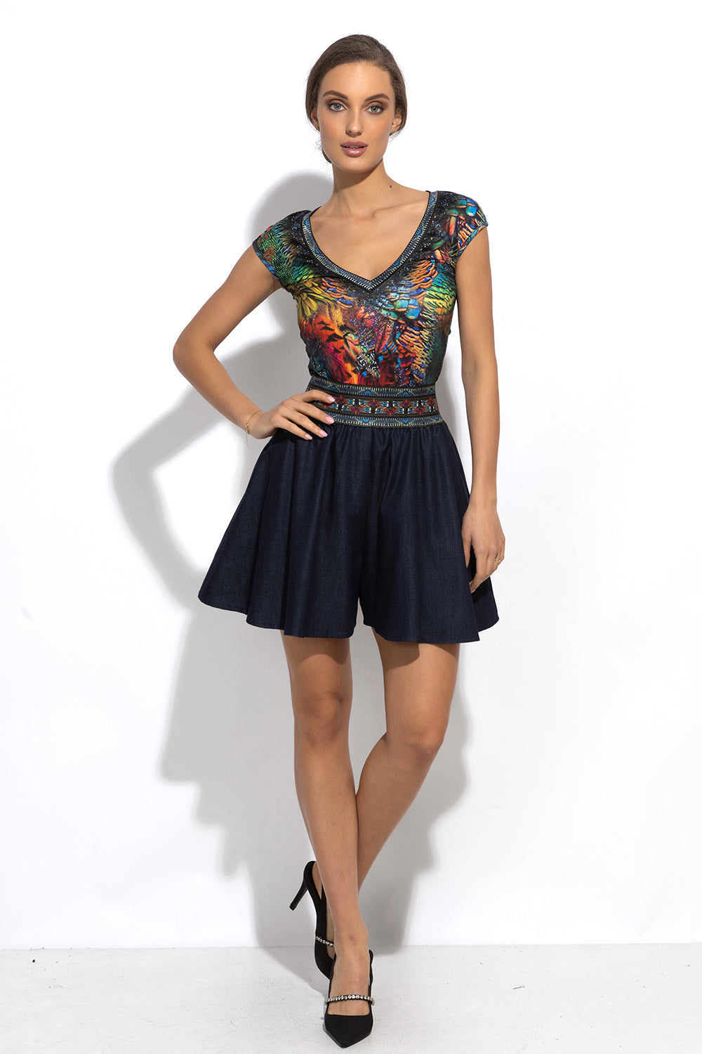FLARED DENIM TENCEL BERMUDA SHORTS WITH ELASTIC WAIST – ESSENTIALS