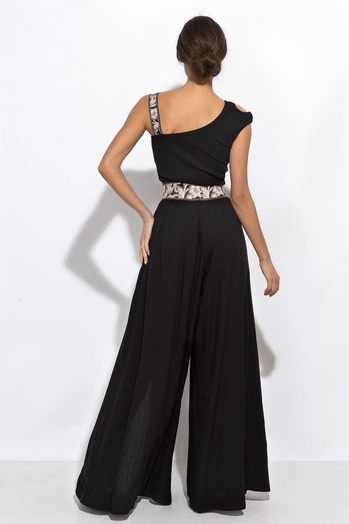 ASYMMETRICAL COTTON RIB TANK TOP IN BLACK WITH ELASTIC STRAP BAROQUE PEARL - ESSENTIALS - Fashion Roots
