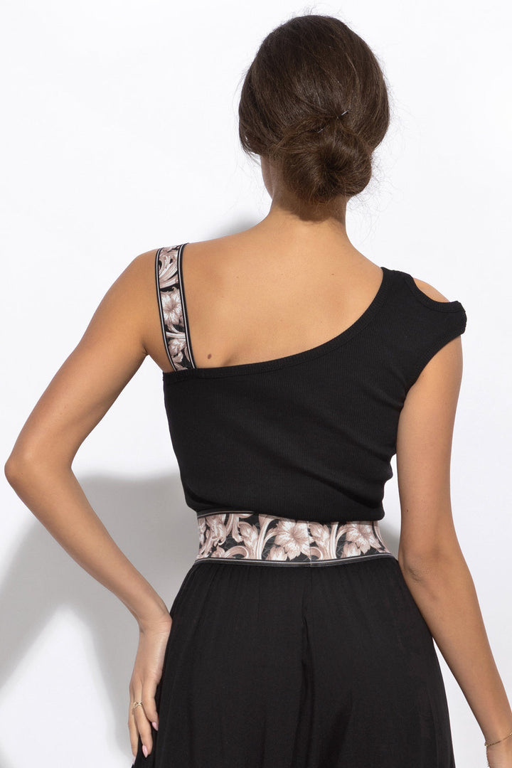 ASYMMETRICAL COTTON RIB TANK TOP IN BLACK WITH ELASTIC STRAP BAROQUE PEARL - ESSENTIALS - Fashion Roots