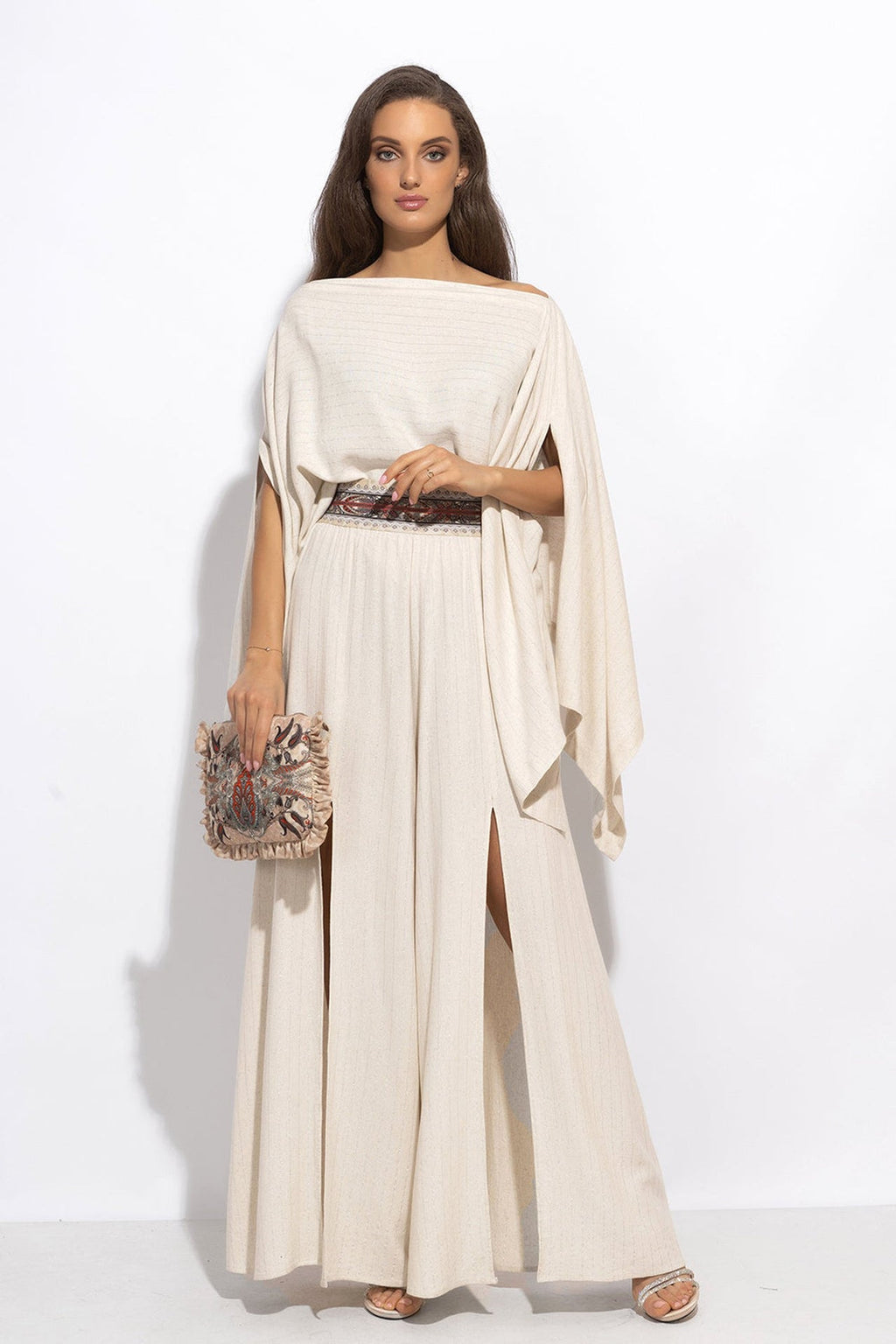 RELAXED VISCOSE-LINEN TUNIC WITH SIDE SLITS IN ECRU STRIPED - ESSENTIALS - Fashion Roots