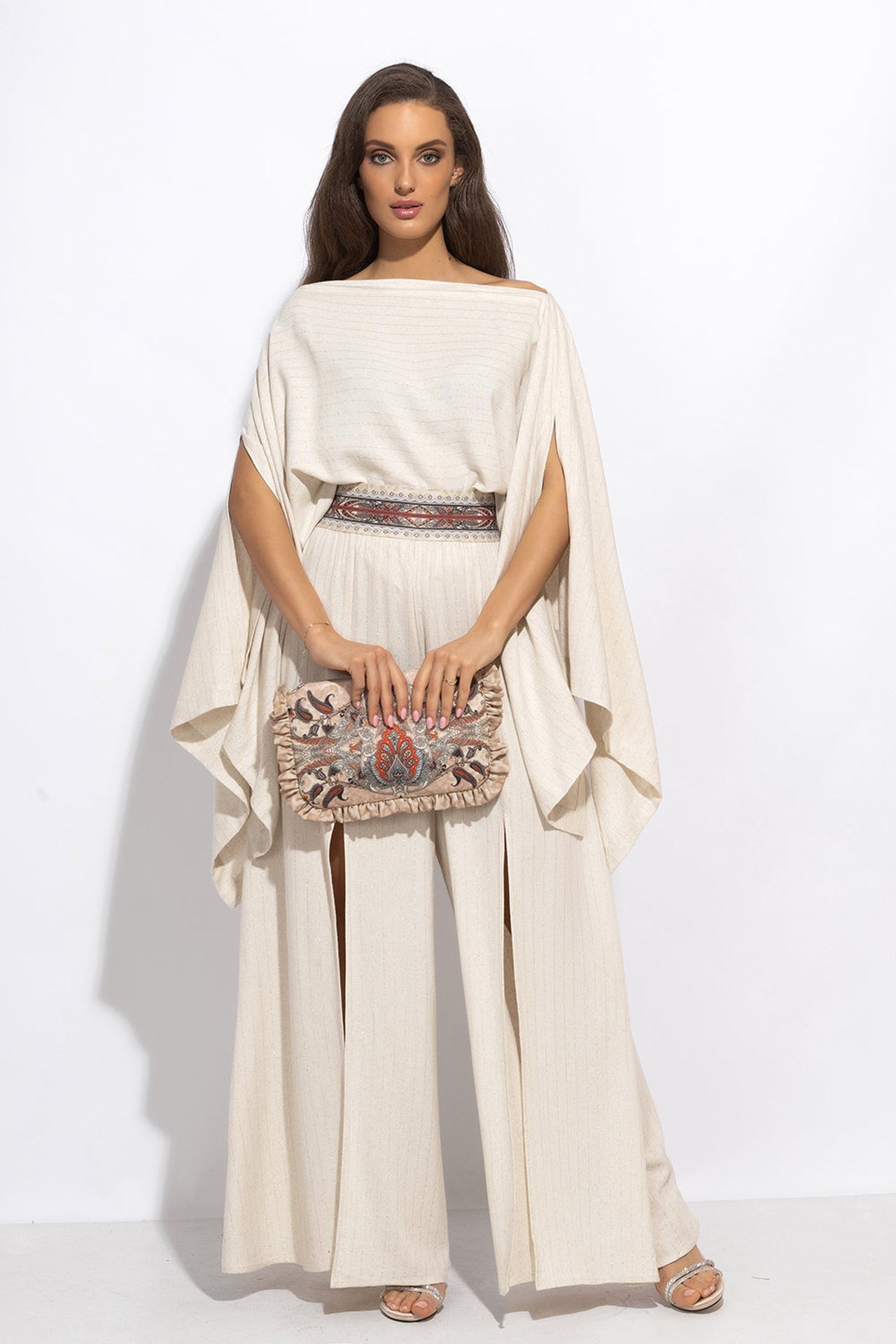 RELAXED VISCOSE-LINEN TUNIC WITH SIDE SLITS IN ECRU STRIPED - ESSENTIALS - Fashion Roots