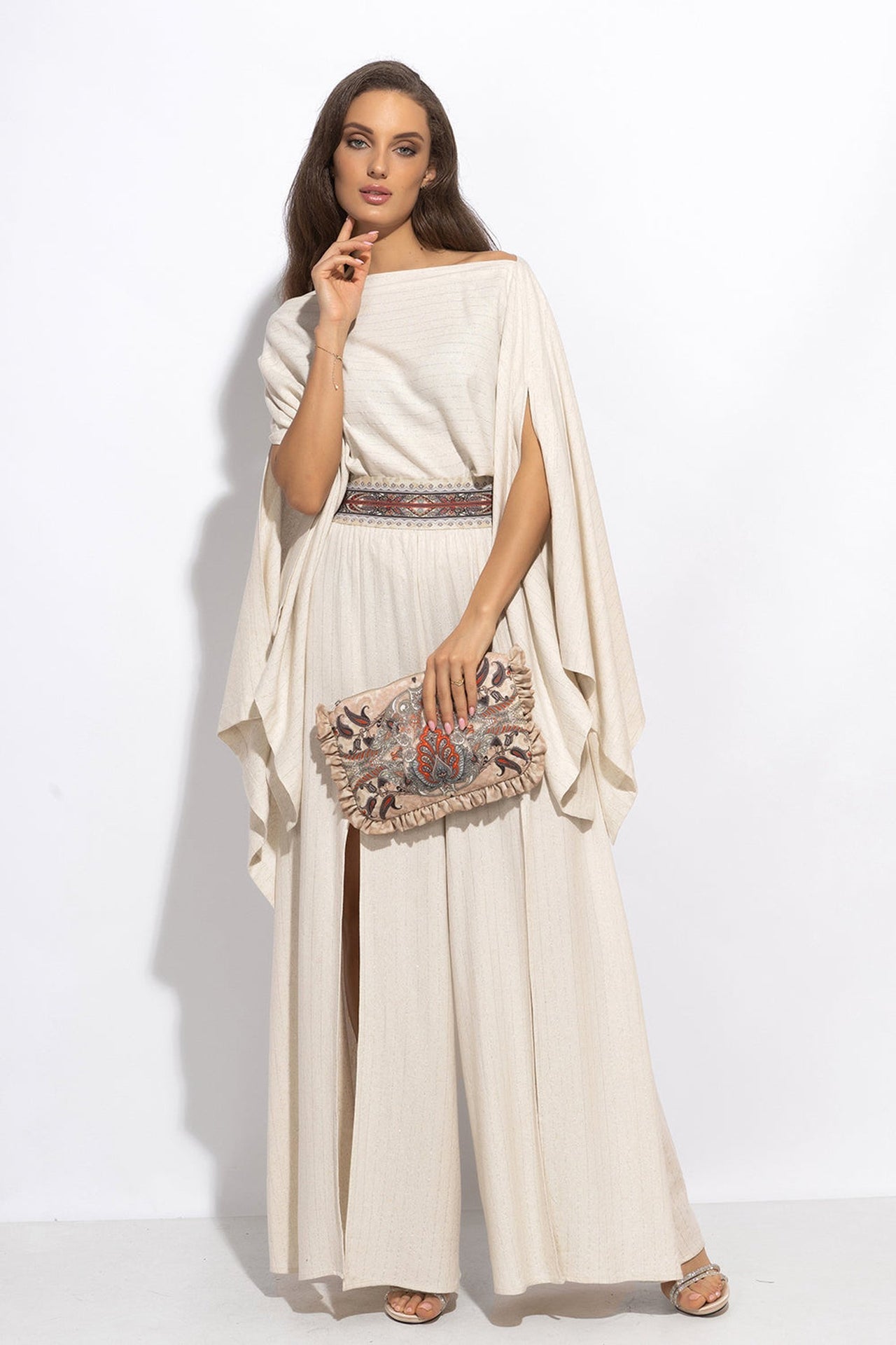 RELAXED VISCOSE-LINEN TUNIC WITH SIDE SLITS IN ECRU STRIPED - ESSENTIALS