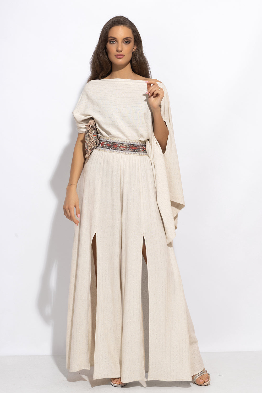 HIGH-WAISTED  VISCOSE-LINEN PANTS WITH SLITS IN ECRU STRIPED - ESSENTIALS