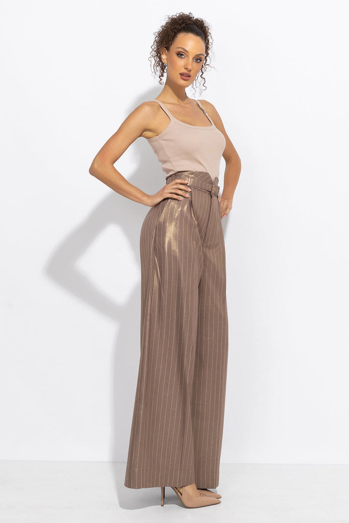 PANTALON À RAYURES TAILLE HAUTE ET JAMBE LARGE BEIGE - ESSENTIALS