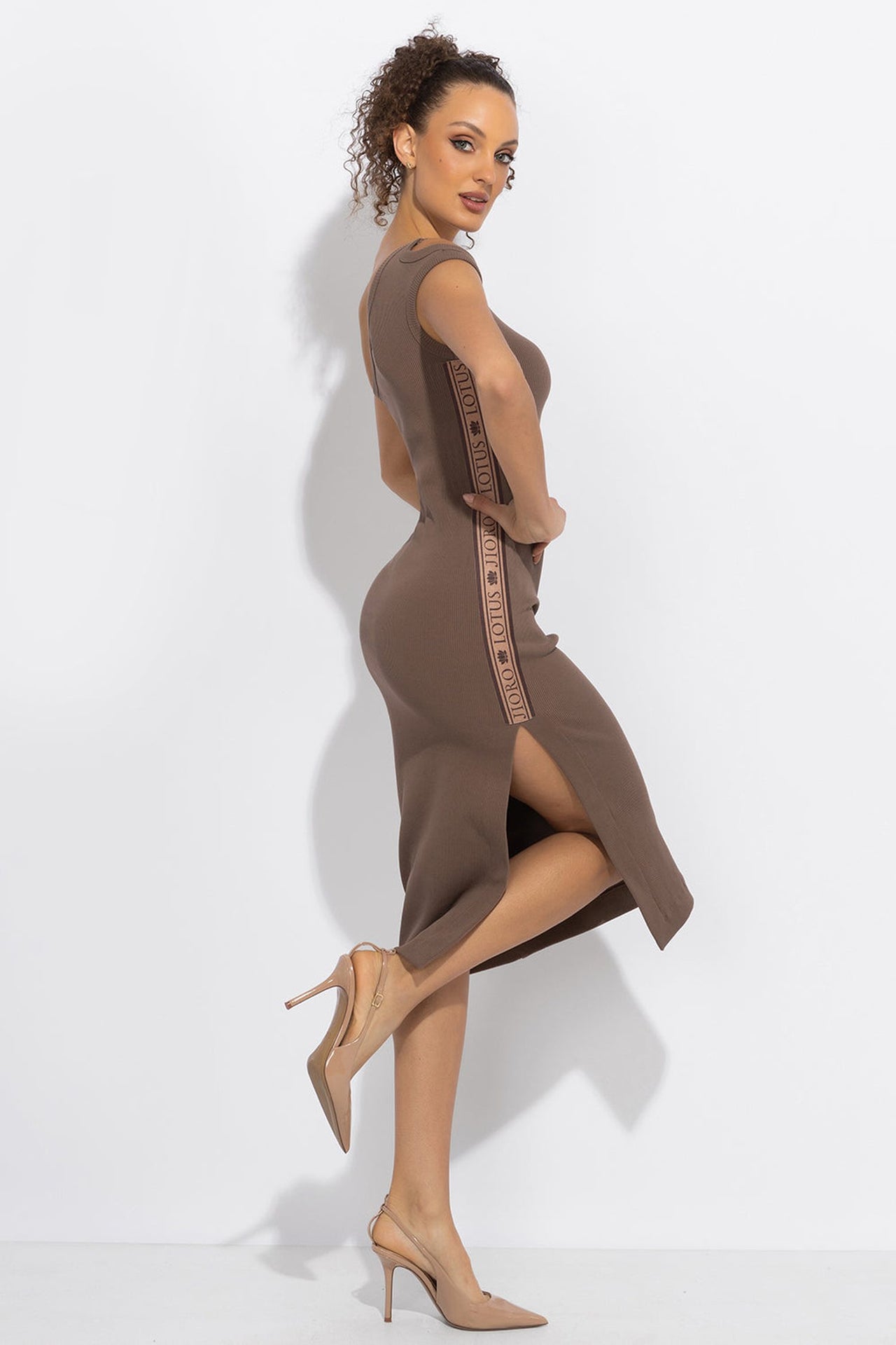 COTTON MIDI DRESS WITH ASYMMETRICAL SHOULDERS AND STRAP MOCHA MOUSSE LOGO - ESSENTIALS