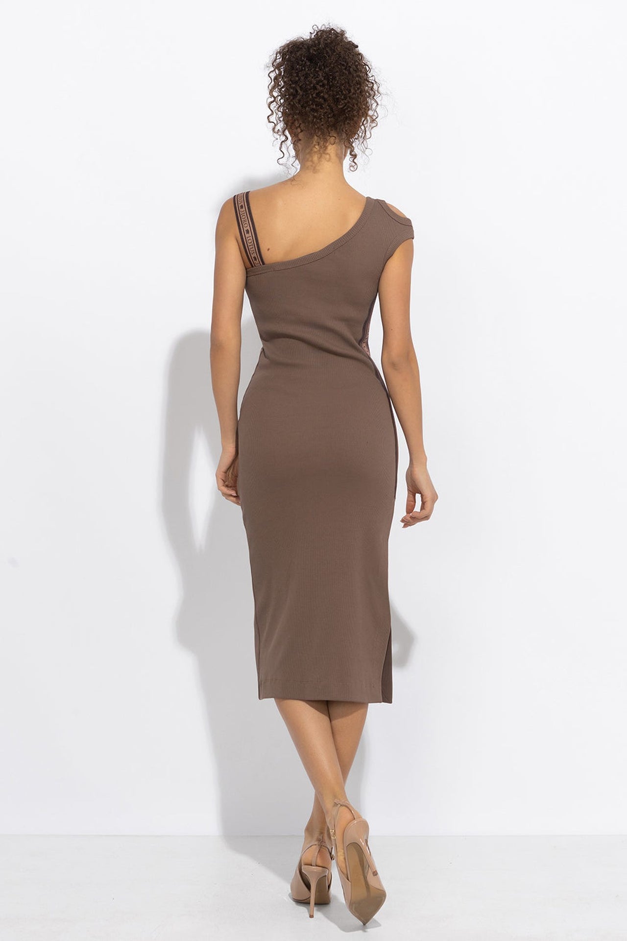 COTTON MIDI DRESS WITH ASYMMETRICAL SHOULDERS AND STRAP MOCHA MOUSSE LOGO - ESSENTIALS - Fashion Roots
