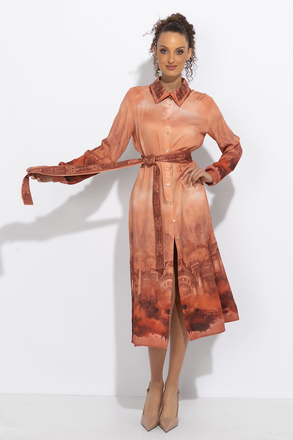 VISCOSE SHIRT DRESS WITH DETACHABLE BELT - ANCIENT TOWN