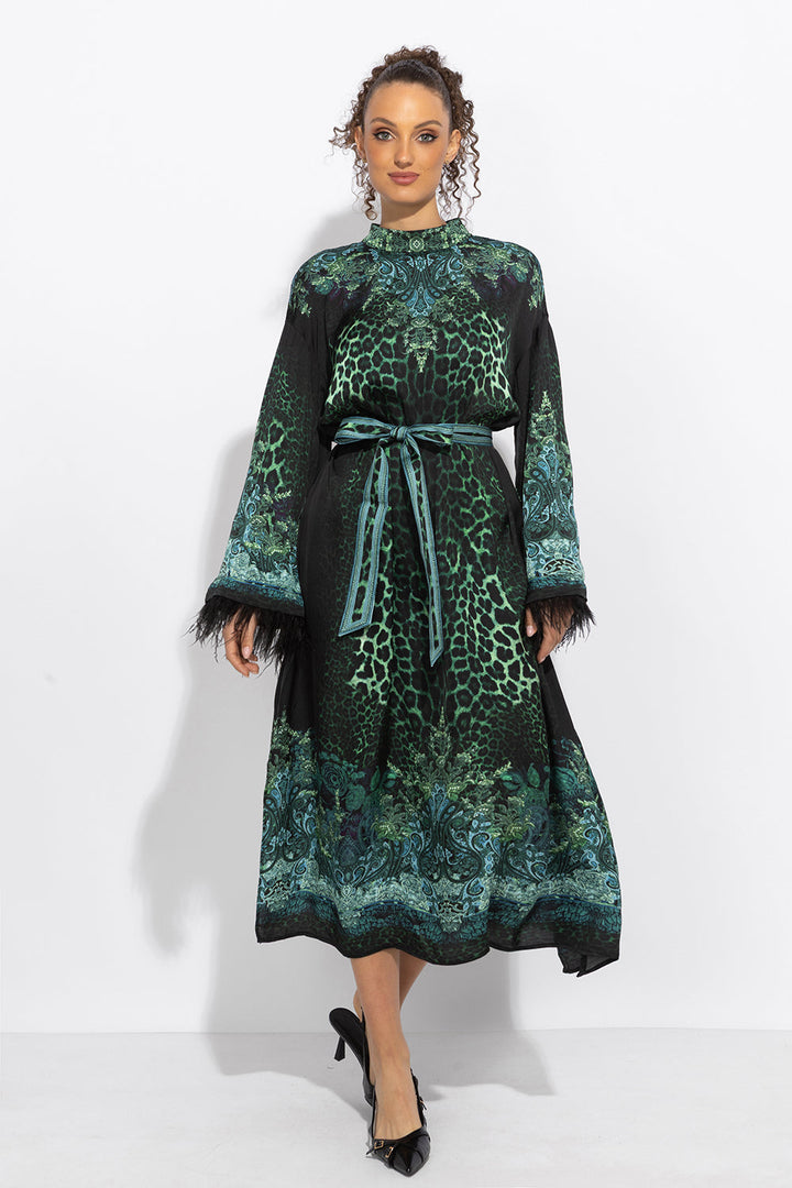 VISCOSE CAFTAN WITH FEATHERS - LEO NEON GREEN