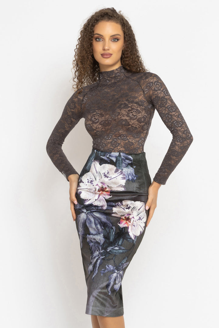 LONG SLEEVE LACE BODYSUIT IN MOCHA - ESSENTIALS JIORO ДАНТЕЛЕНО БОДИ С ДЪЛЪГ РЪКАВ В МОКА - ESSENTIALS JIORO