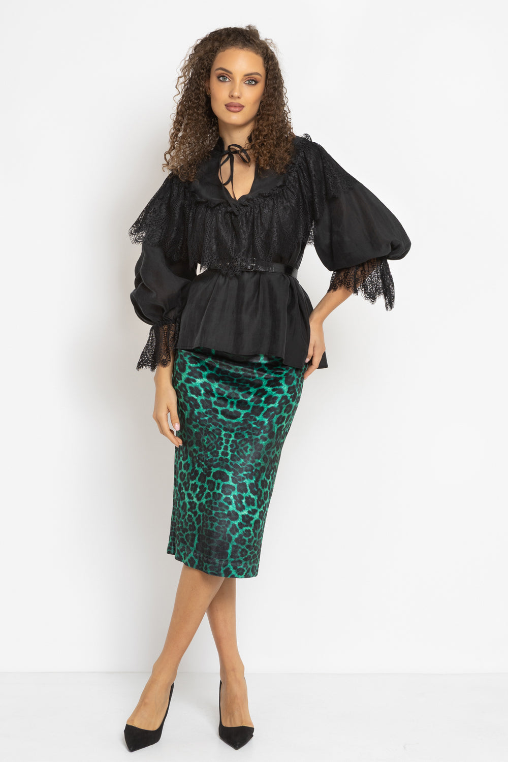 KNEE-LENGTH VELVET SKIRT - LEO NEON GREEN JIORO ПОЛА ДО КОЛЯНОТО ОТ КАДИФЕ - LEO NEON GREEN JIORO