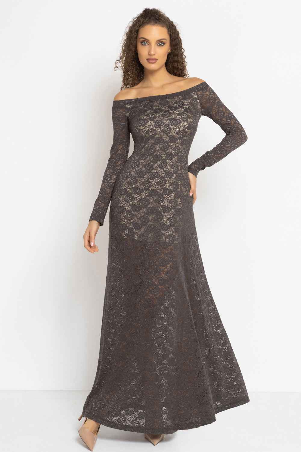 LONG A-LINE LACE DRESS WITH BOAT NECKLINE IN MOCHA - ESSENTIALS