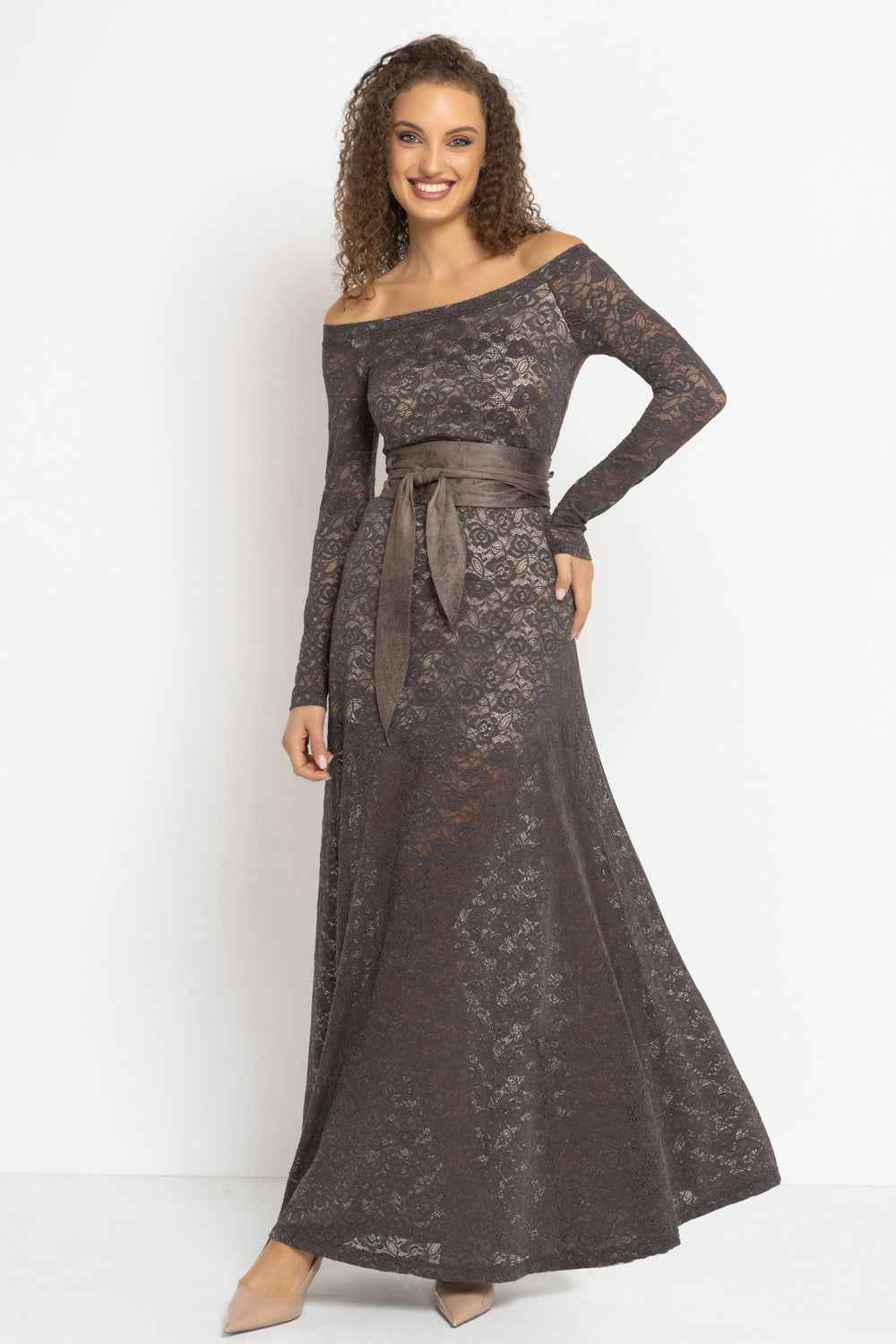 LONG A-LINE LACE DRESS WITH BOAT NECKLINE IN MOCHA - ESSENTIALS