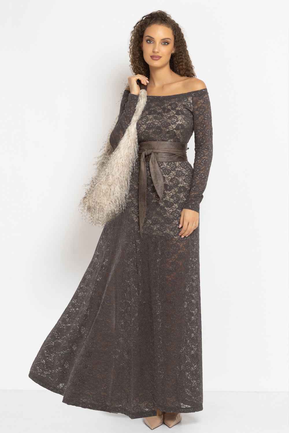 LONG A-LINE LACE DRESS WITH BOAT NECKLINE IN MOCHA - ESSENTIALS
