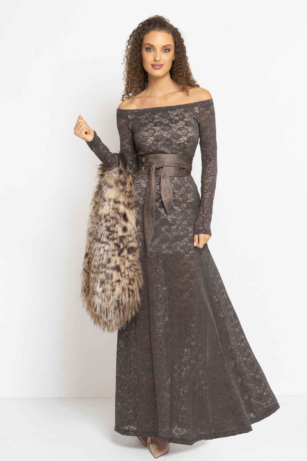 LONG A-LINE LACE DRESS WITH BOAT NECKLINE IN MOCHA - ESSENTIALS
