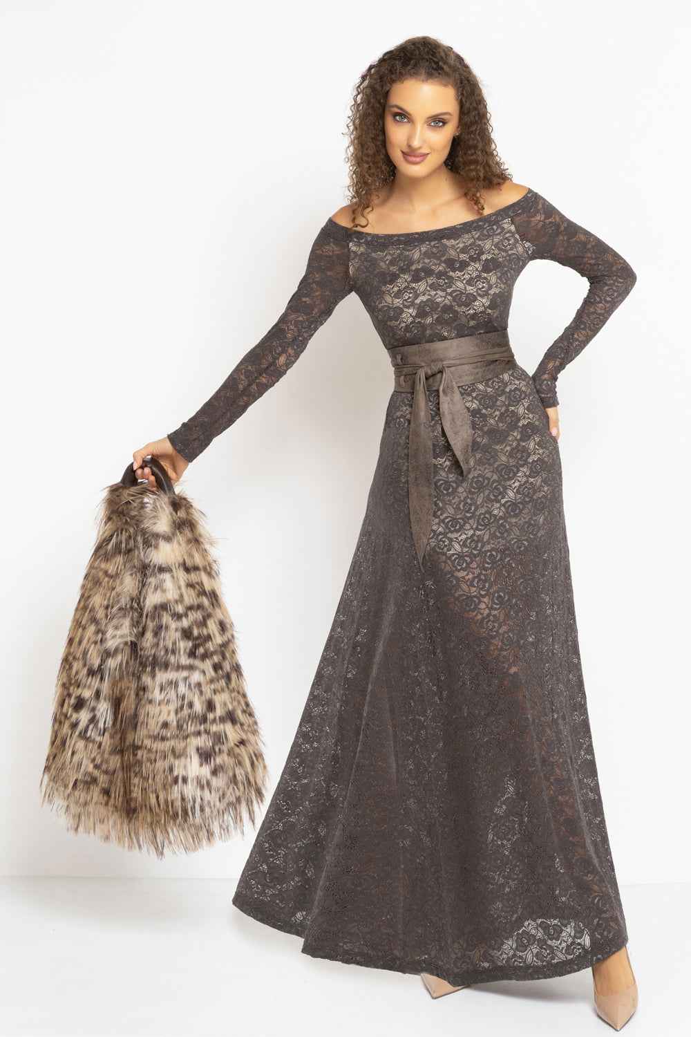 LONG A-LINE LACE DRESS WITH BOAT NECKLINE IN MOCHA - ESSENTIALS