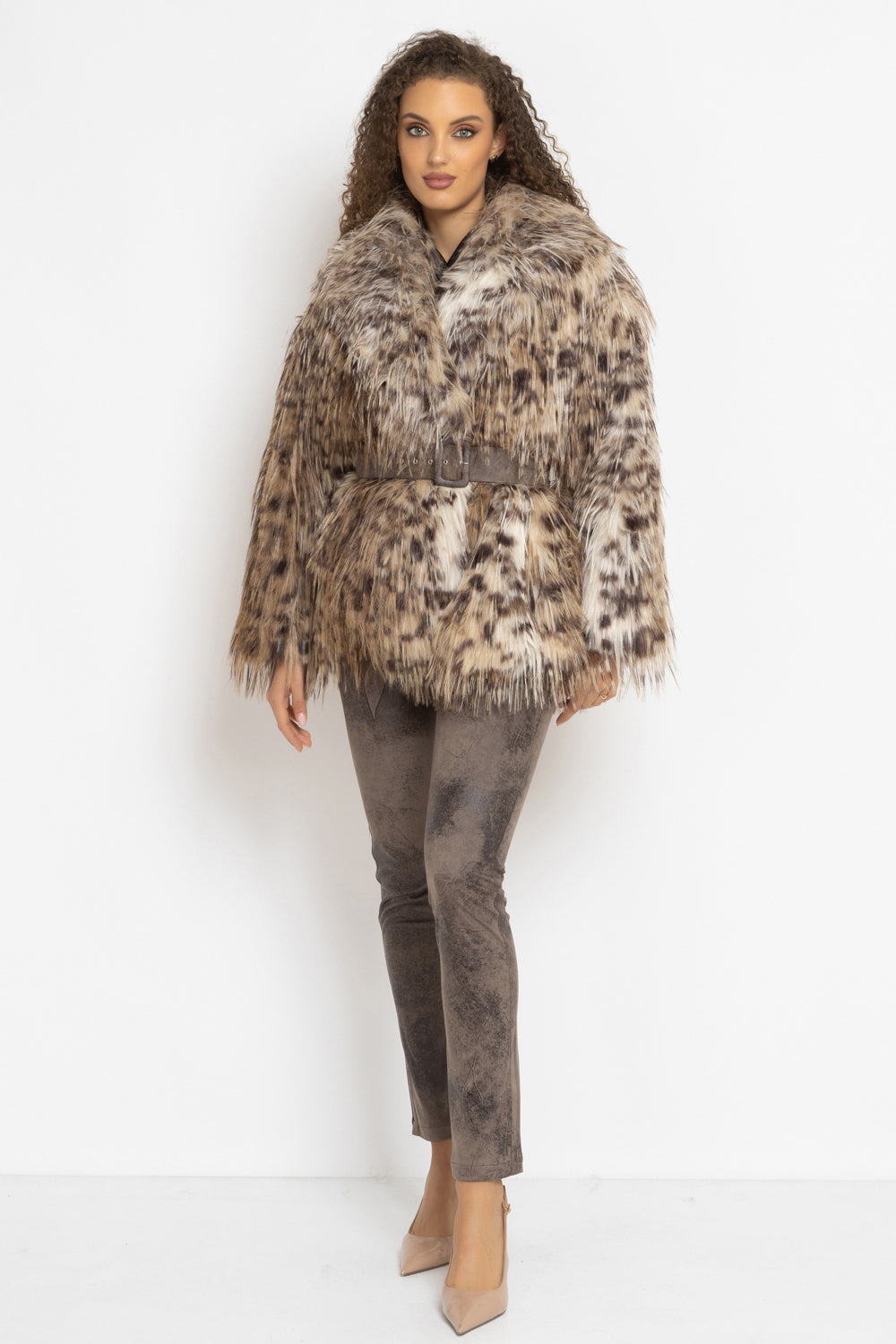 OVERSIZED FAUX FUR COAT WITH LARGE SHAWL COLLAR IN SERVAL PRINT AND BELT - ESSENTIALS JIORO ОВЪРСАЙЗ ПАЛТО ОТ ИЗКУСТВЕН КОСЪМ С ШАРКА СЕРВАЛ С ГОЛЯМА ШАЛ-ЯКА И КОЛАН - ESSENTIALS JIORO