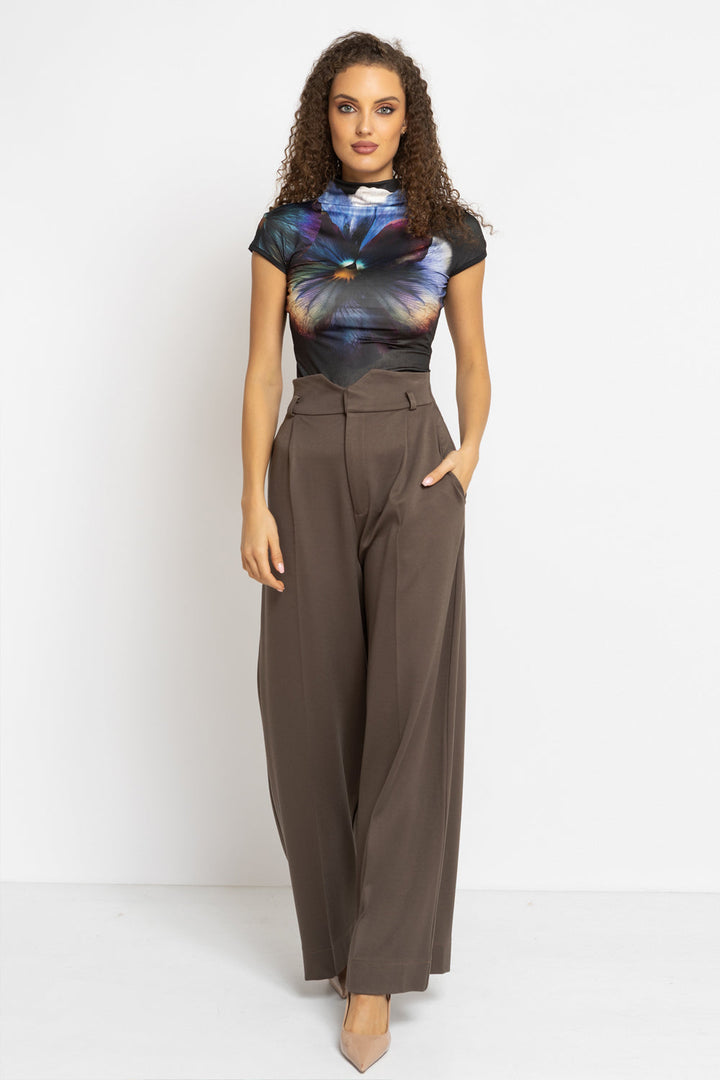 VISCOSE BLEND HIGH-WAISTED TROUSERS IN MOCHA - ESSENTIALS - Fashion Roots