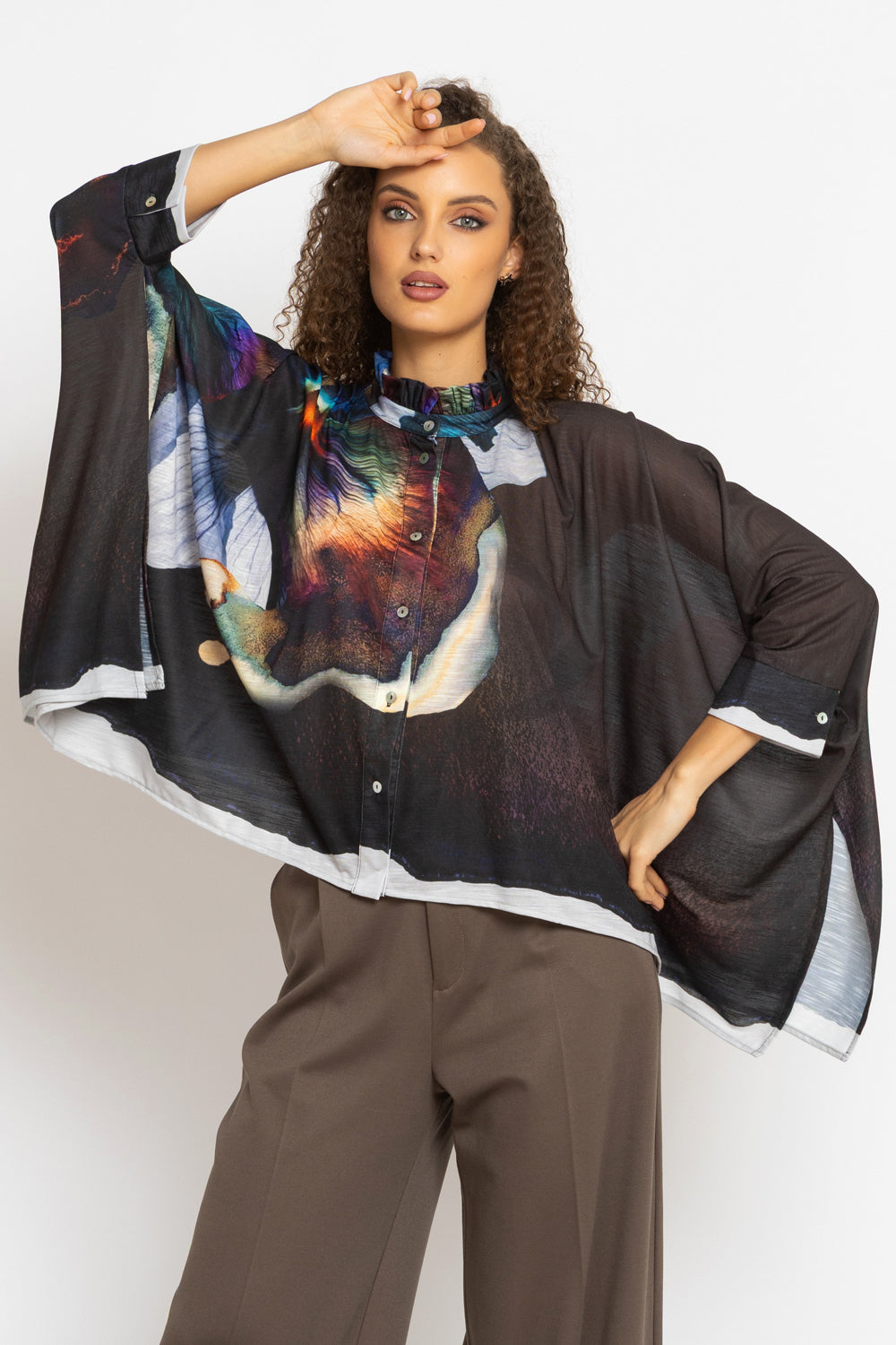 SQUARE TUNIC WITH RUFFLED COLLAR - VIOLET JIORO АСИМЕТРИЧНА КВАДРАТНА ТУНИКА - VIOLET JIORO