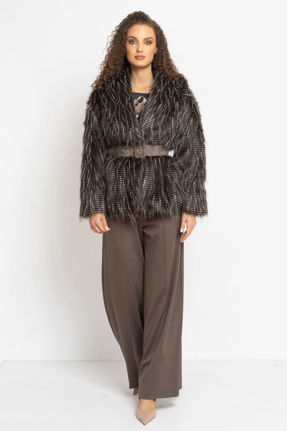 OVERSIZED PHEASANT PATTERN FAUX FUR COAT WITH BELT - ESSENTIALS JIORO ОВЪРСАЙЗ ПАЛТО ОТ ИЗКУСТВЕН КОСЪМ С ШАРКА ФАЗАН С ГОЛЯМА ШАЛ-ЯКА - ESSENTIALS JIORO