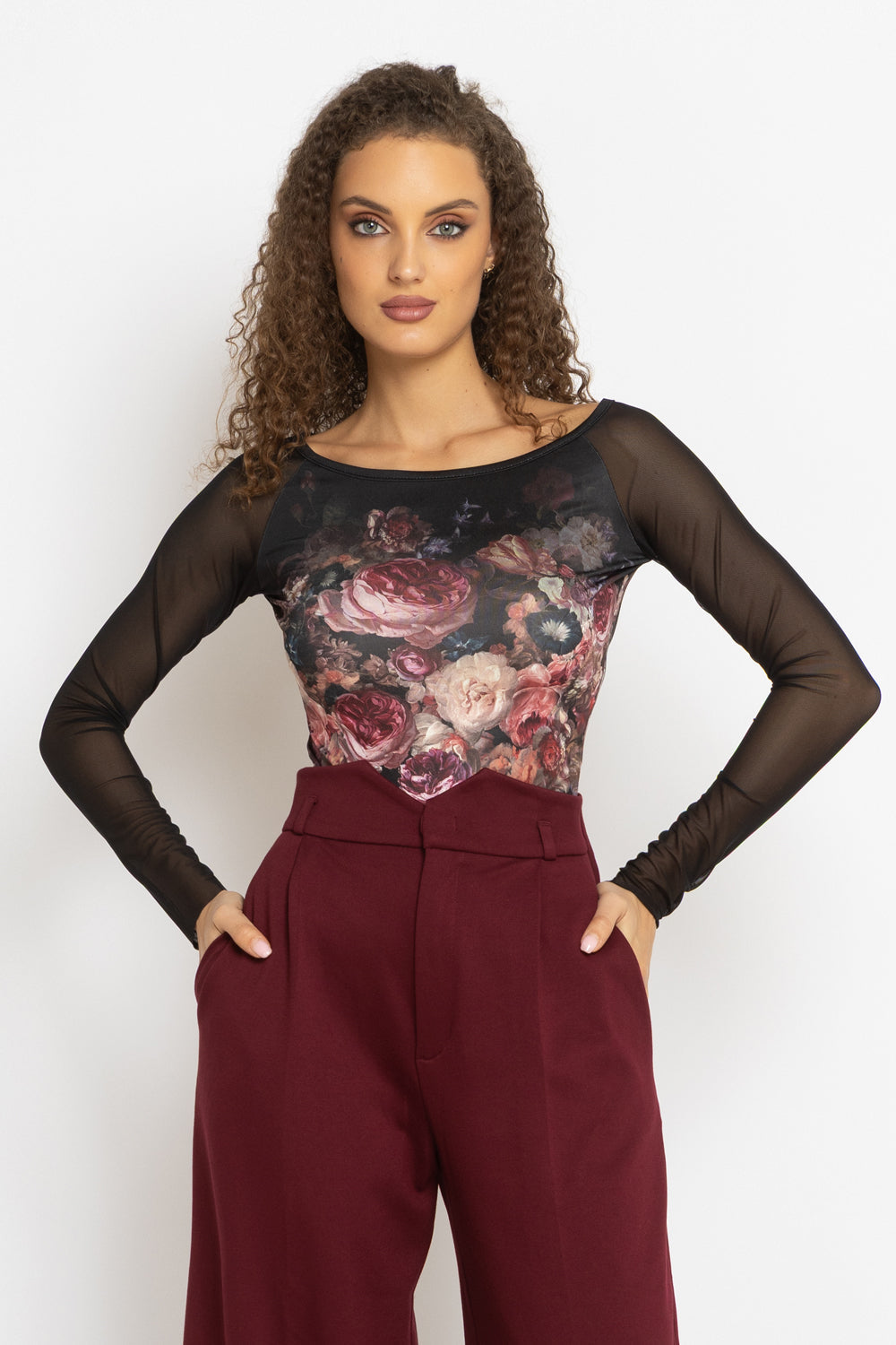 PANTALON TAILLE HAUTE EN MÉLANGE DE VISCOSE BORDEAUX – ESSENTIALS