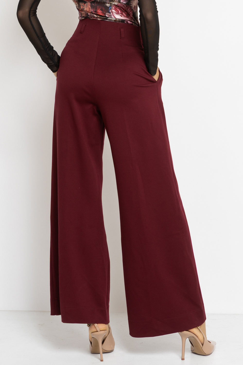 PANTALON TAILLE HAUTE EN MÉLANGE DE VISCOSE BORDEAUX – ESSENTIALS
