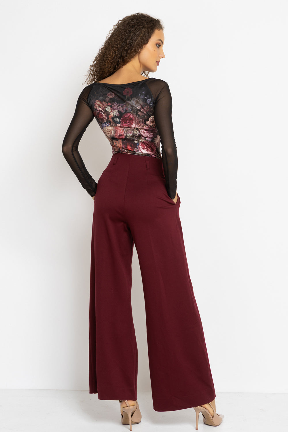 PANTALON TAILLE HAUTE EN MÉLANGE DE VISCOSE BORDEAUX – ESSENTIALS