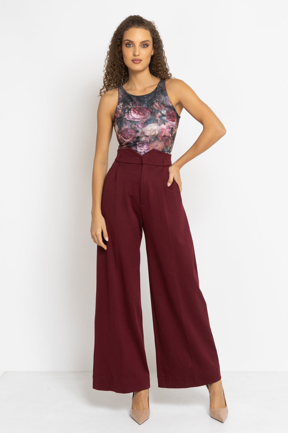 PANTALON TAILLE HAUTE EN MÉLANGE DE VISCOSE BORDEAUX – ESSENTIALS