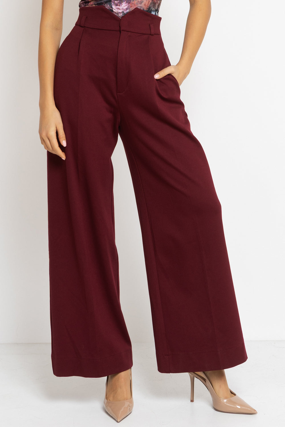 VISCOSE BLEND HIGH-WAISTED BURGUNDY TROUSERS - ESSENTIALS