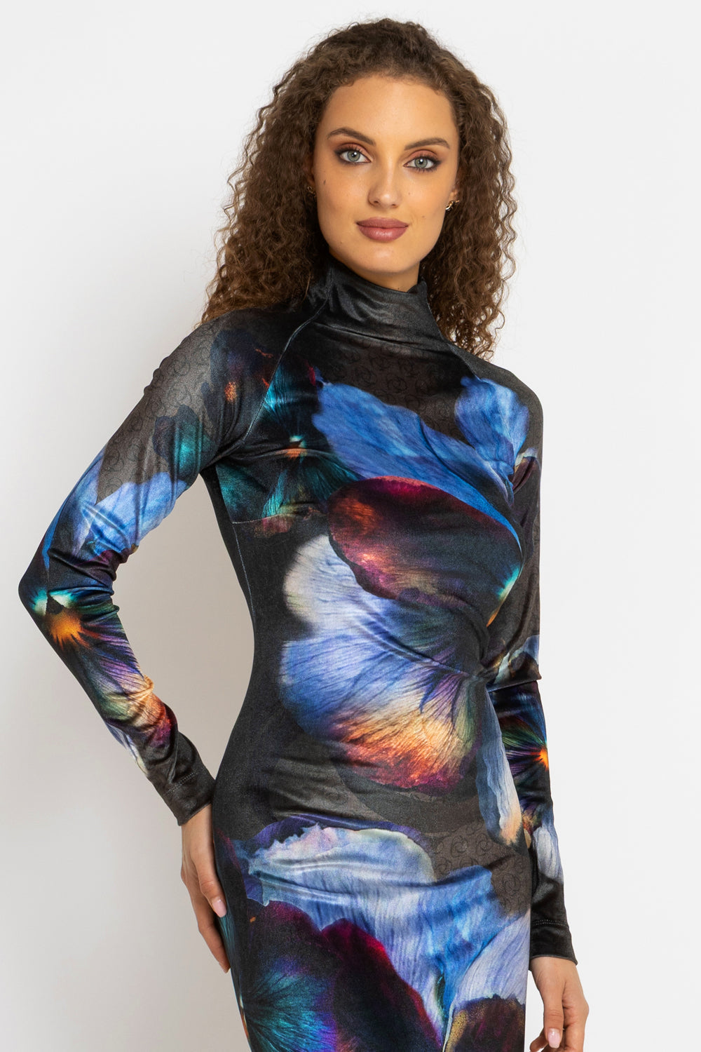 VELVET MAXI DRESS WITH REGLAN LONG SLEEVES, HIGH NECK AND SIDE SLIT - VIOLET