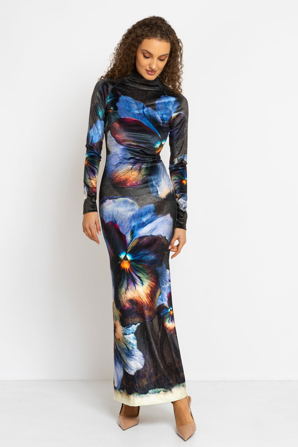 VELVET MAXI DRESS WITH REGLAN LONG SLEEVES, HIGH NECK AND SIDE SLIT - VIOLET